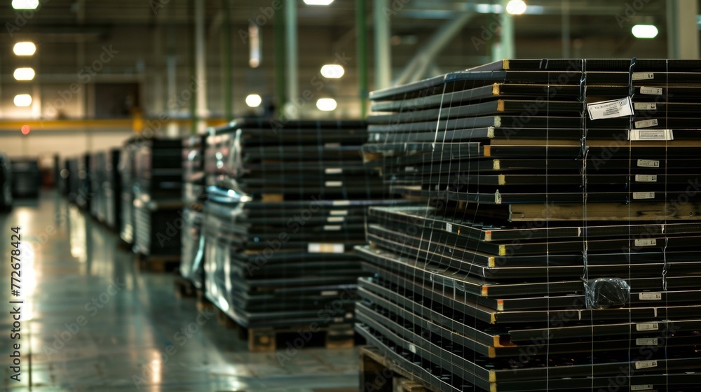 Poster an array of finished solar panels stacked neatly and ready to be shipped out each one bearing a labe