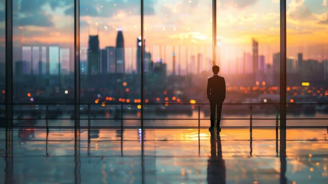 A lone traveler stands by the glass windows gazing out at the city skyline in the distance savoring the peace and quiet of the opulent . .