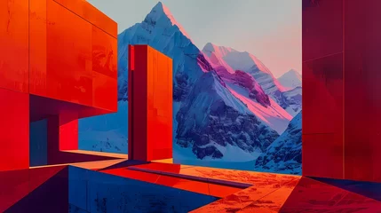 Draagtas red mountain architectural landscape illustration poster background © jinzhen