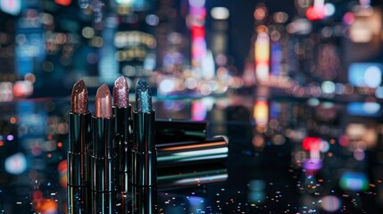 The concrete jungle comes alive with flashes of bold glittering makeup on display. Against the backdrop of the city skyline this podium . . - obrazy, fototapety, plakaty