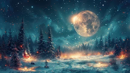 Fotobehang Magic and Happy New Year 2024, concept. Night forest with snow field © Danang