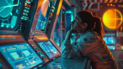 Foto op Plexiglas A third astronaut leans against the console body language relaxed and casual as takes a moment to admire the vibrant colors . . © Justlight