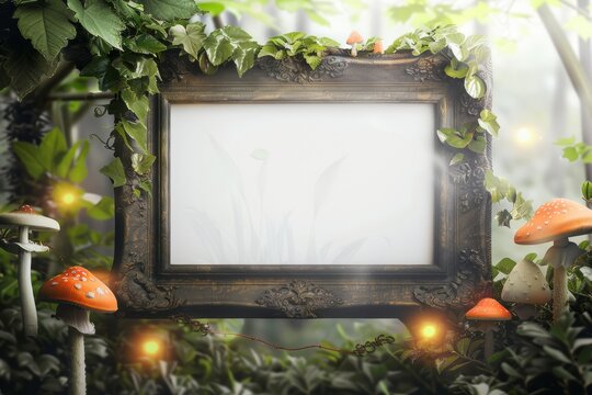 a picture frame in the middle of a forest with mushrooms and leaves