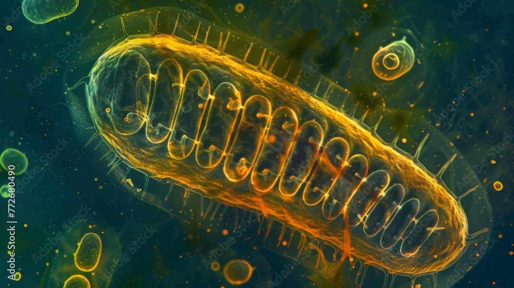 Poster a microscopic view of a mitochondrion showing its unique double membrane structure. the outer membra