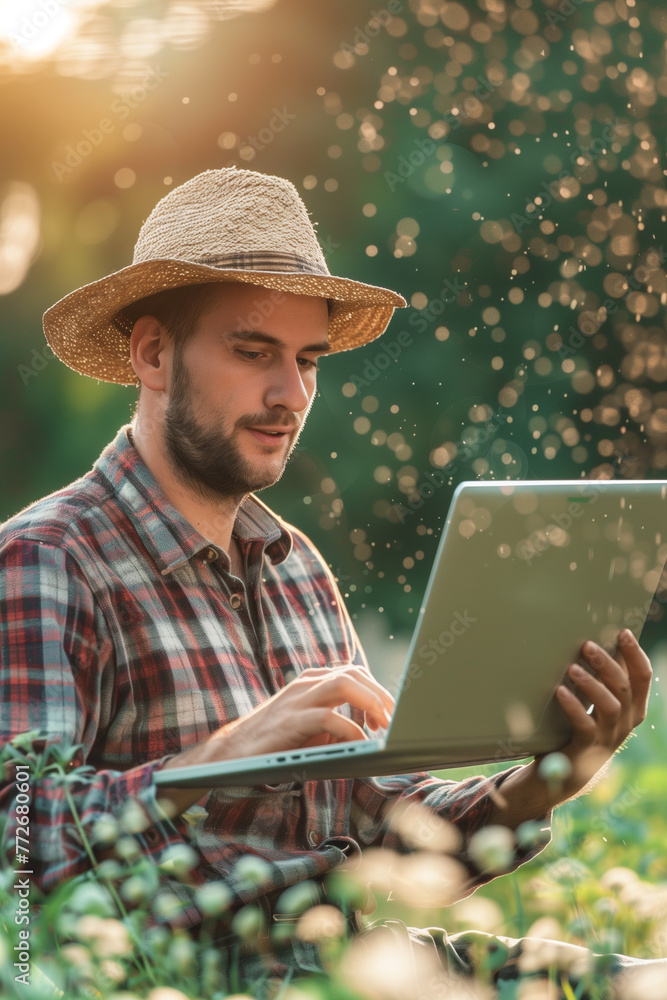 Poster modern farmer using a laptop computer with blurred background