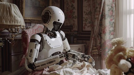 AI robot delicately stitches embroidery in a vintage-decorated room blending tradition with the future - obrazy, fototapety, plakaty