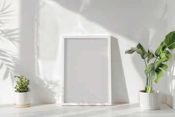 A rectangle picture frame rests on a table by houseplants