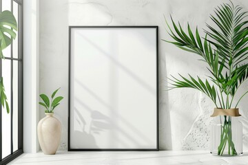 A wooden picture frame hangs on a white wall beside a potted houseplant