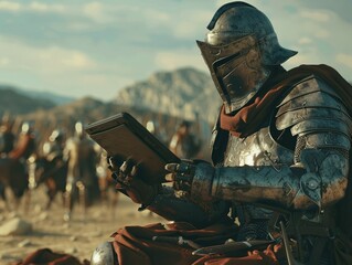 An armored ancient warrior skillfully uses a digital tablet amidst a bustling ancient battlefield strategizing with timeless wisdom - obrazy, fototapety, plakaty