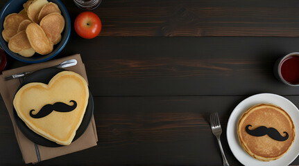 Fathers Day breakfast frame. Top down view on a dark wood background. Tie pancakes, mustache toast and assorted.generative.ai