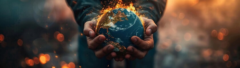 A person holding the globe in their hands the world ignites into flames - obrazy, fototapety, plakaty