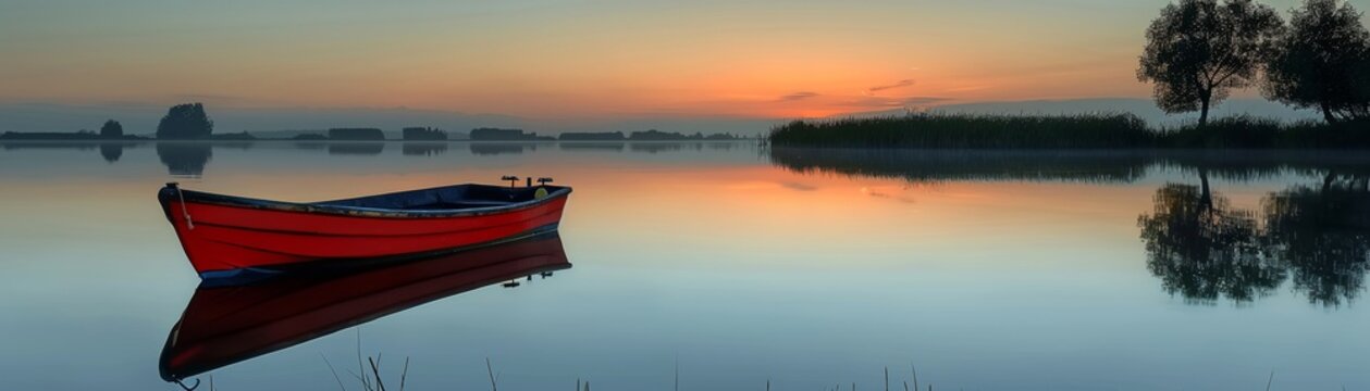 A serene scene at dawn a toy boat glides across the still lake waters , high resolution DSLR