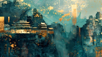 gold and green architectural landscape illustration poster background
