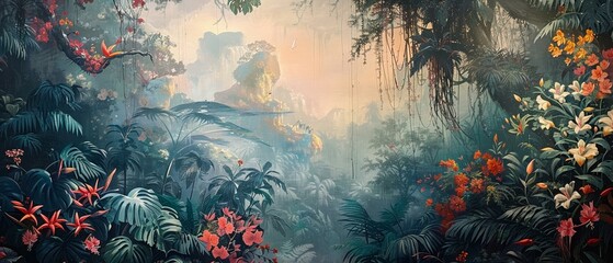 Tropical reverie a mural of a jungle cradling fantasy wi - obrazy, fototapety, plakaty