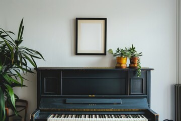 Black piano alongside a houseplant in a living room