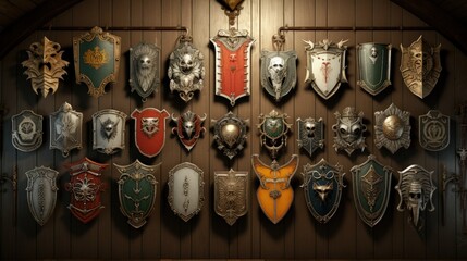 A collection of heraldic shields and crests - obrazy, fototapety, plakaty