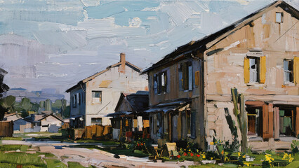 Scene of urban residential, Oil painting, impasto Loosely painting.