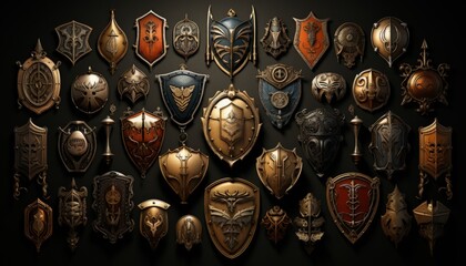 A collection of heraldic shields and crests - obrazy, fototapety, plakaty