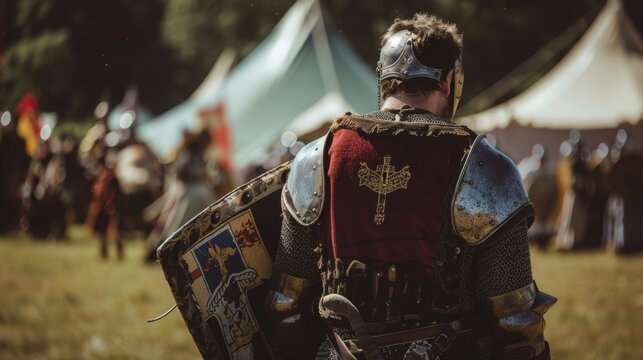A squire stands nearby holding a knights helmet and shield ready to assist master during the competition as looks on with pride . .