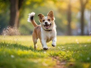 a dog is playing in the park, blurred background