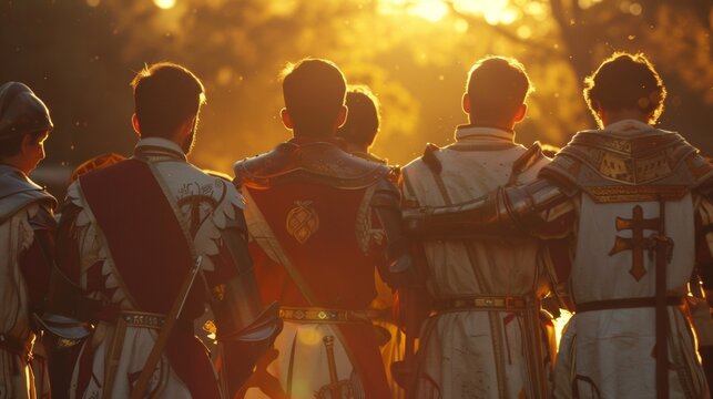 As the sun sets on the jousting tournament a group of knights stand with backs to the camera arms linked in camaraderie. . .