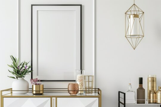 Interior design with a bar cart and picture frame on the wall