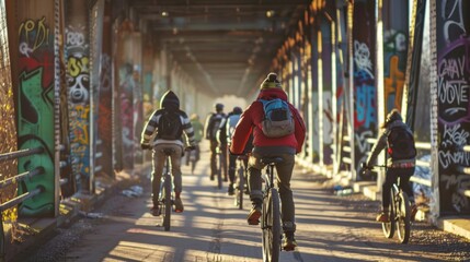 A group of friends biking across a bridge with graffiti art lining its pillars showcasing the...