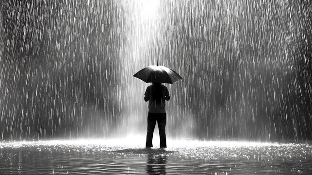 man with an umbrella, standing in the middle of a street, flooded with water, and pouring rain.