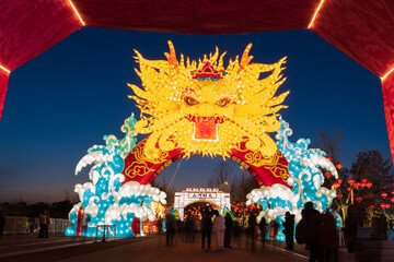 Chinese dragon-shaped lanterns at night