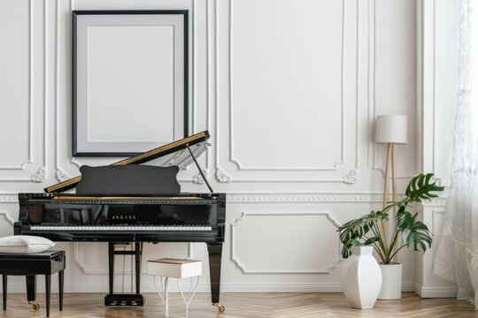 A black grand piano is a fixture in a living room next to a window
