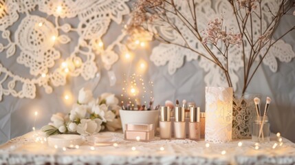 Transport yourself to a bygone era with our Vintage Lace podium complete with a dreamy ivory lace background and ling fairy lights. . . - obrazy, fototapety, plakaty