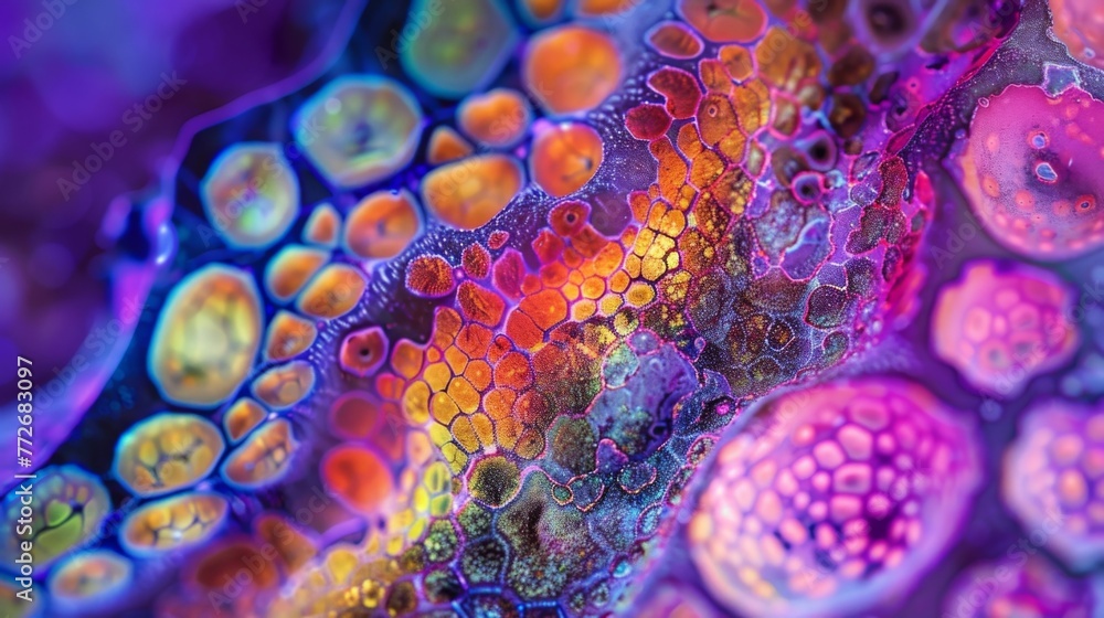 Poster a closeup image of a tissue section under fluorescence microscopy with every cell highlighted in a d