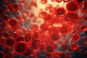 Close-up of vibrant red blood cells with detailed textures against a soft-focus background, highlighting cellular biology. Generative AI
