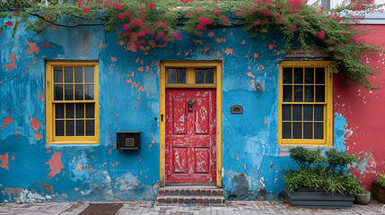 Front door of an old building - red door - plants growing on building - yellow trim 