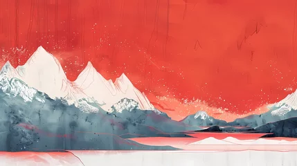 Foto auf Glas Red sky and white mountains landscape illustration poster background © jinzhen