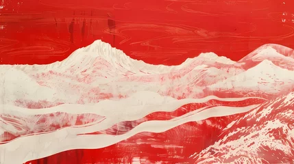 Foto auf Glas Red sky and white mountains landscape illustration poster background © jinzhen