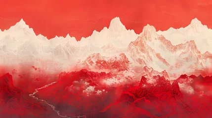 Zelfklevend Fotobehang Red sky and white mountains landscape illustration poster background © jinzhen
