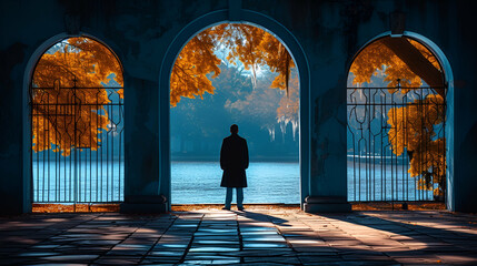Man looking out on lake - archways in background - architecture and design  - Powered by Adobe