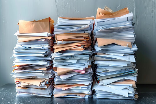 Environmentally friendly companies that actively promote resource recycling have piles of documents accumulating in their offices. Garbage and ecology concept.