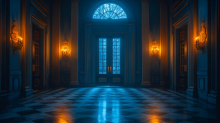 Interior view of front door of historic building - checkerboard floor - classic architecture  - Powered by Adobe