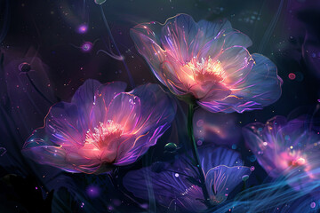 Illustration of colorful flowers glowing in the dark