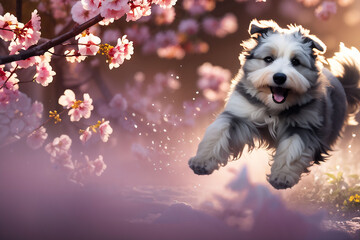 Draw a picture of a dog running around with flowers such as cherry blossoms and forsythias that are suitable for spring. Generative AI - obrazy, fototapety, plakaty