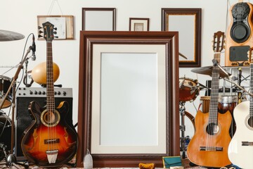 Room filled with guitars, drums, speakers, and a picture frame