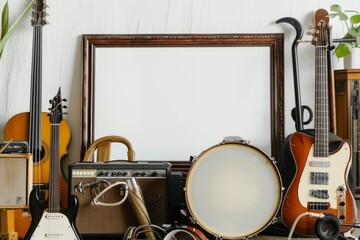 Various musical instruments and accessories displayed on a table