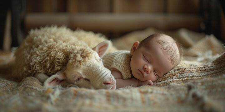 Baby Sleeping with a Sheep Serenely and Calmly