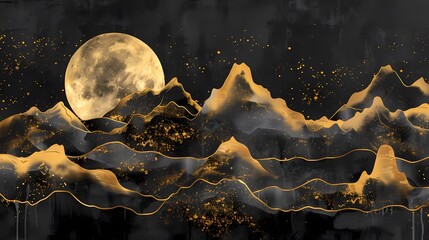 moon and golden mountain ink landscape illustration poster background