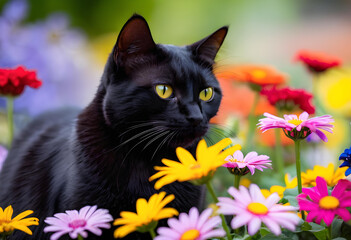 Una imagen bonita de un pequeño gato negro rodeado de flores coloridas - obrazy, fototapety, plakaty
