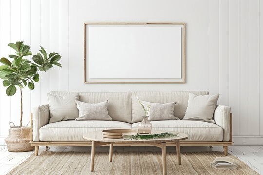 A rectangle wood picture frame hangs above the grey couch