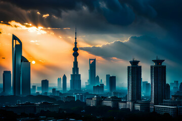 Fototapeta premium city skyline at sunset. Generative AI