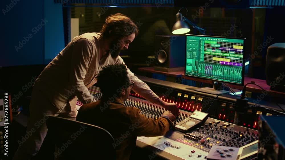 Poster diverse team of musician and audio technician creating a hit song, working in professional music stu